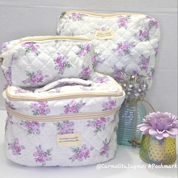 Floral Quilted 👝 3 pc XL Cosmetic Bag Set Travel Toiletry Makeup Organizer NWT - Picture 3 of 15